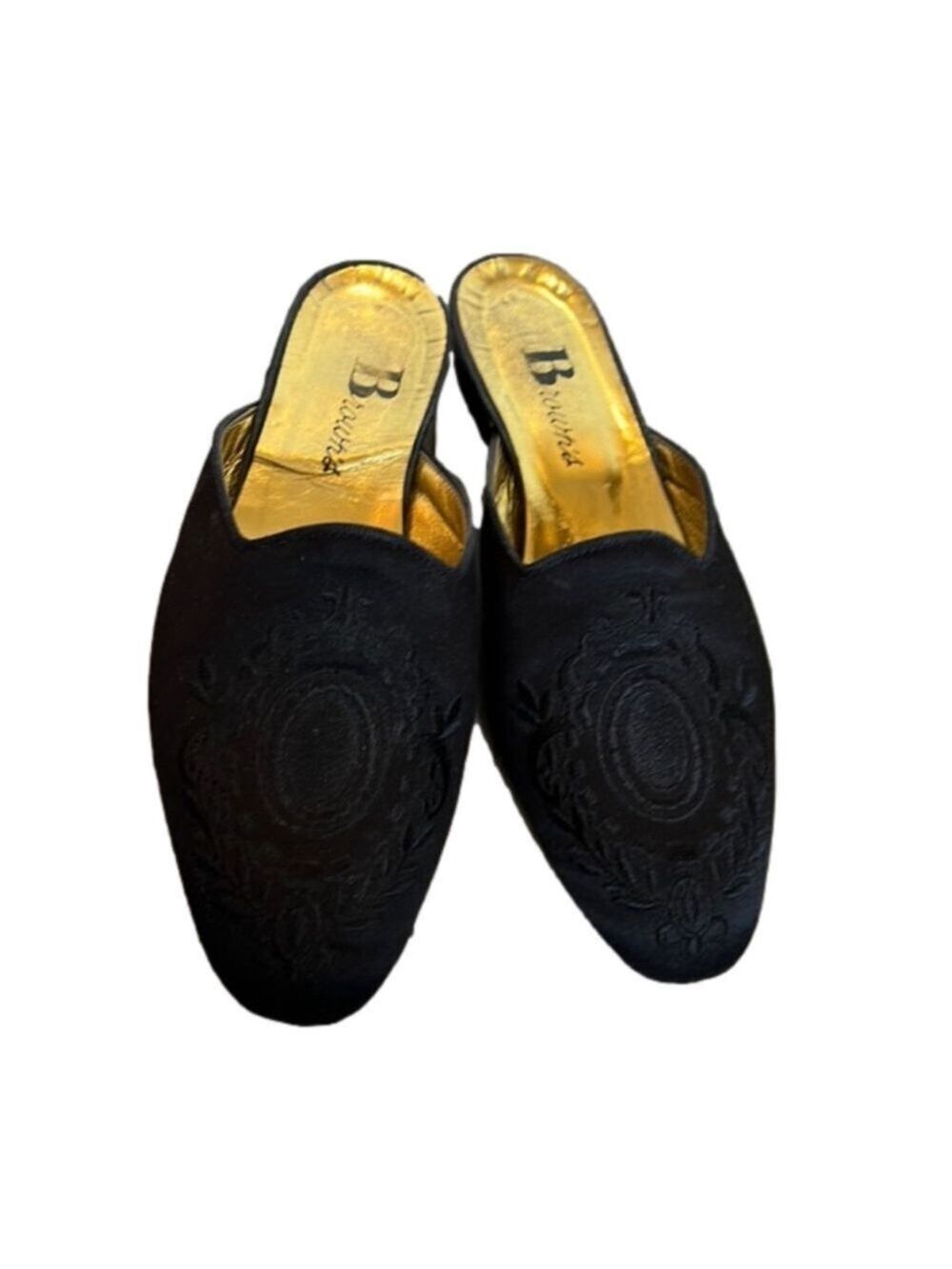 BROWN'S Black Velvet Pointed Toe Mules Embroidered EUR 37 / US 6.5 Made in Italy